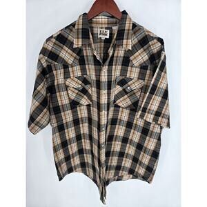 Ely Cattleman Vintage Western Pearl Snap black tan short sleeve shirt Men's XXL
